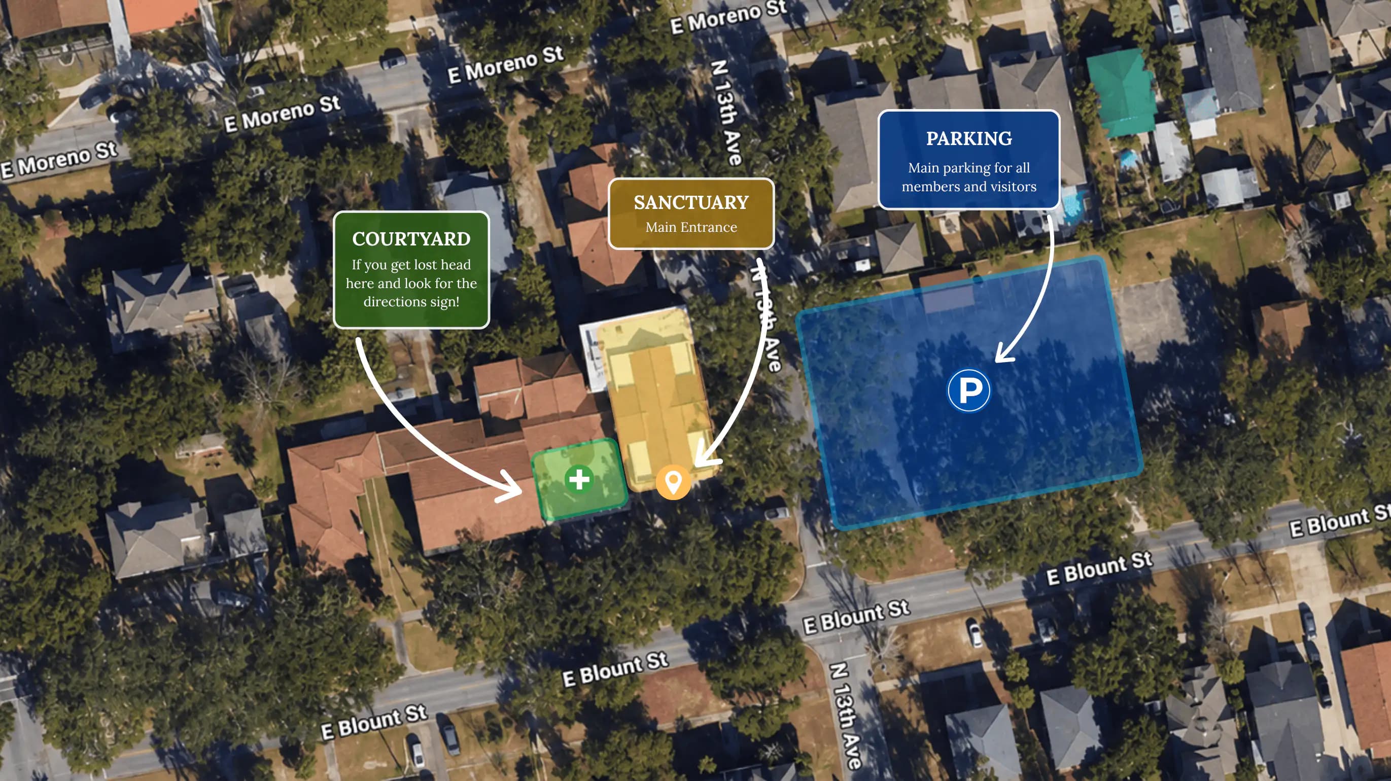 Aerial map of the McIlwain campus showing the sanctuary main entrance, courtyard, and the main parking lot off East Blount Street