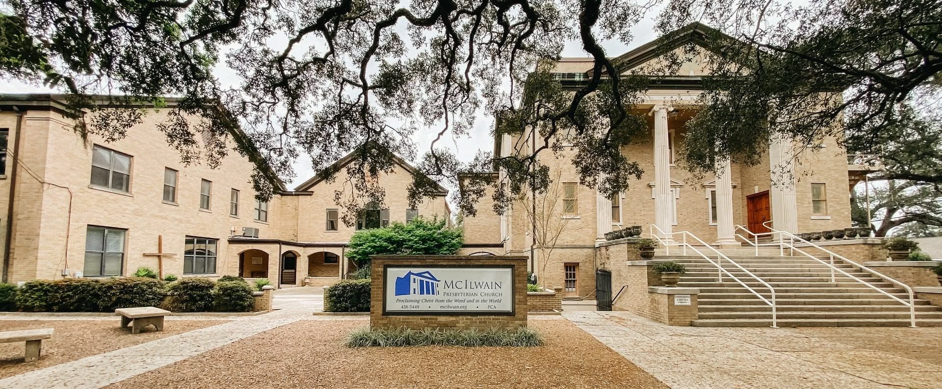 McIlwain Presbyterian Church beneath the live oaks